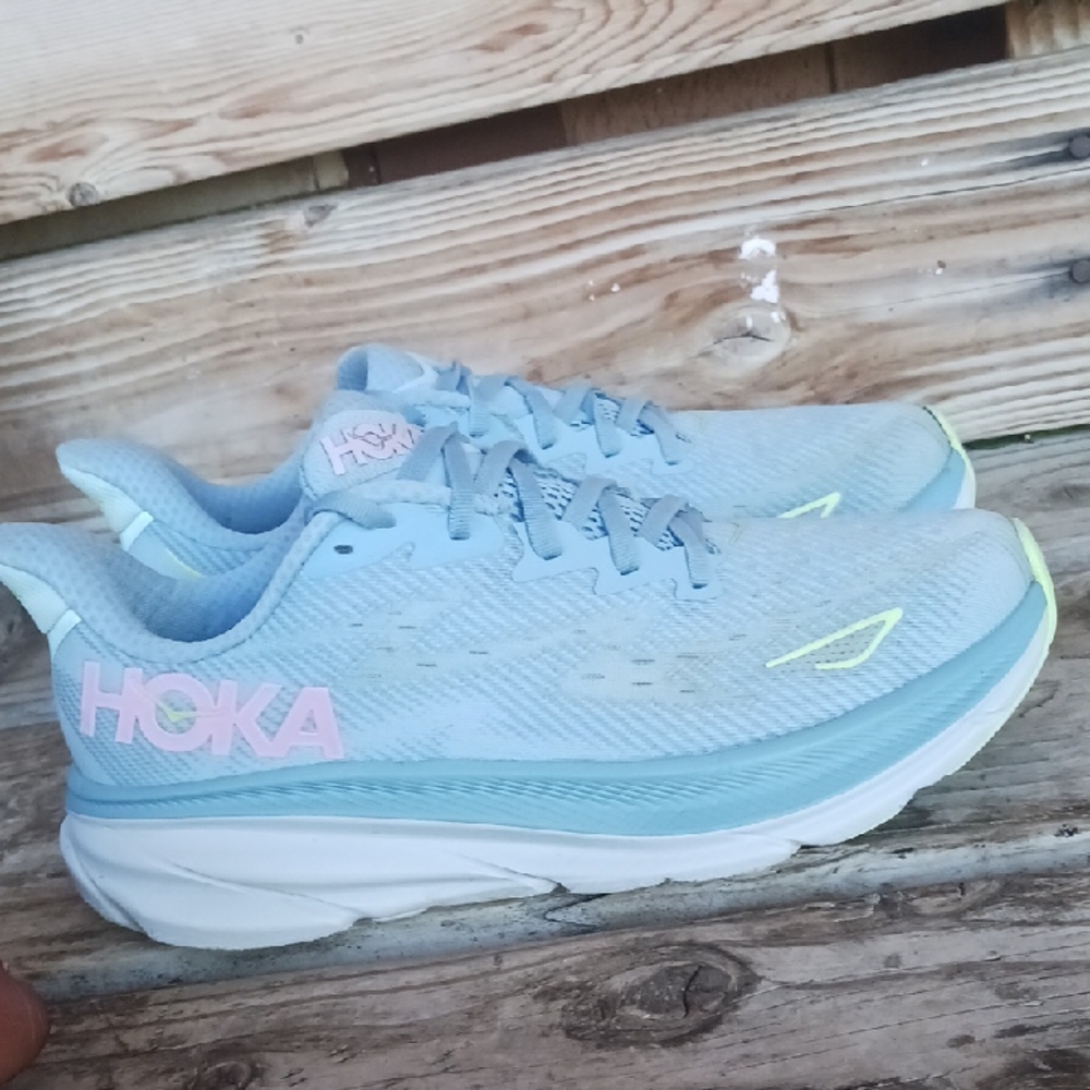Hoka Light Blue and Pink Athletic Shoes